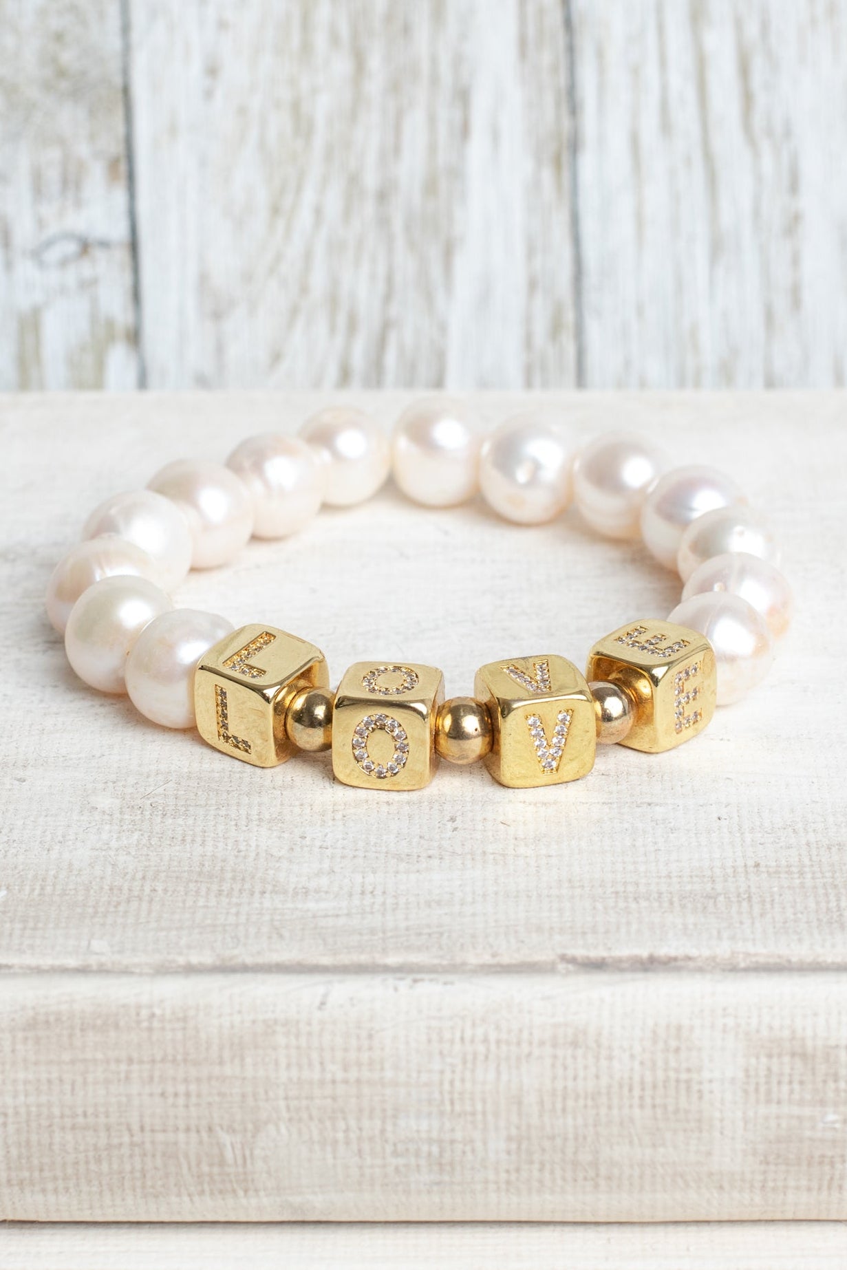 White Freshwater Pearl Beaded Bracelet with Gold Plated Cube Crystal Letters Spelling LOVE