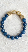 Striking Gold Plated Cube Beads with Pave Crystal Letters Spelling LOVE on Navy Blue Agate Stretch Bracelet