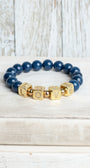 Striking Gold Plated Cube Beads with Pave Crystal Letters Spelling LOVE on Navy Blue Agate Stretch Bracelet