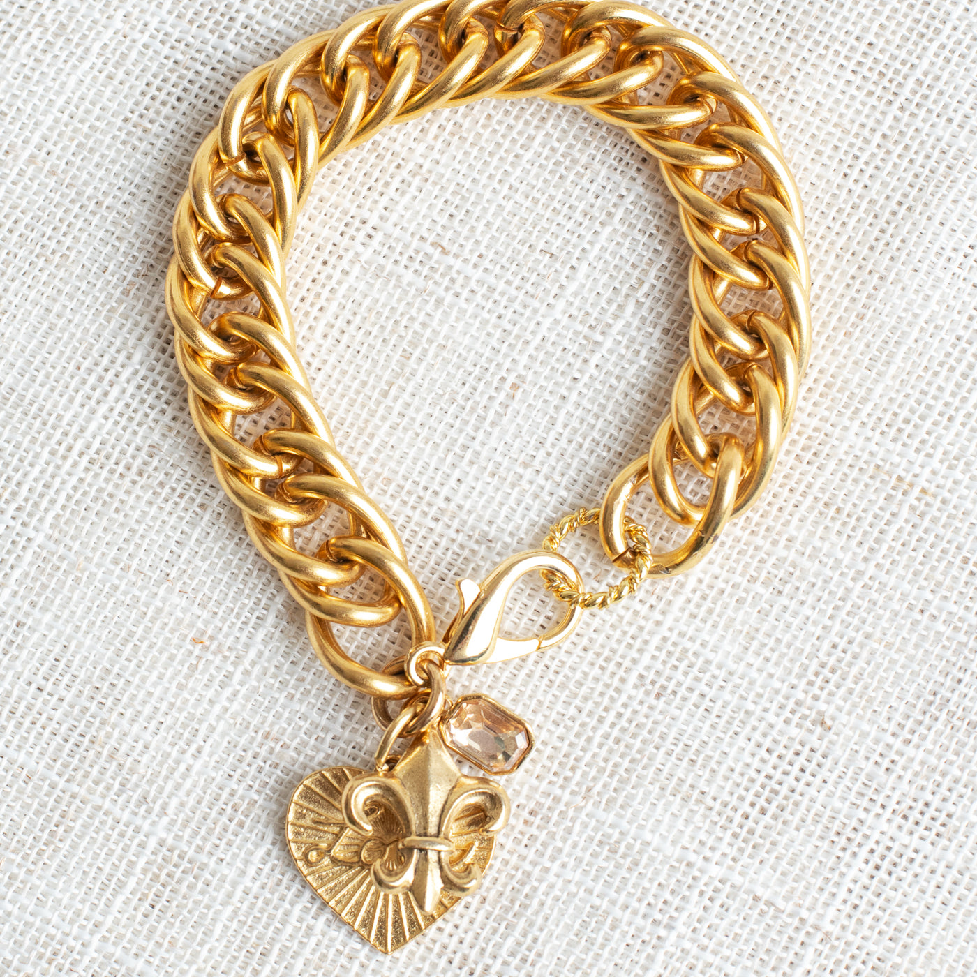 Love Charm, Fleur de Lis and Crystal on Chunky 10K Gold Plated Chain Bracelet