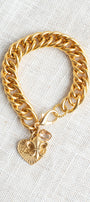 Love Charm, Fleur de Lis and Crystal on Chunky 10K Gold Plated Chain Bracelet
