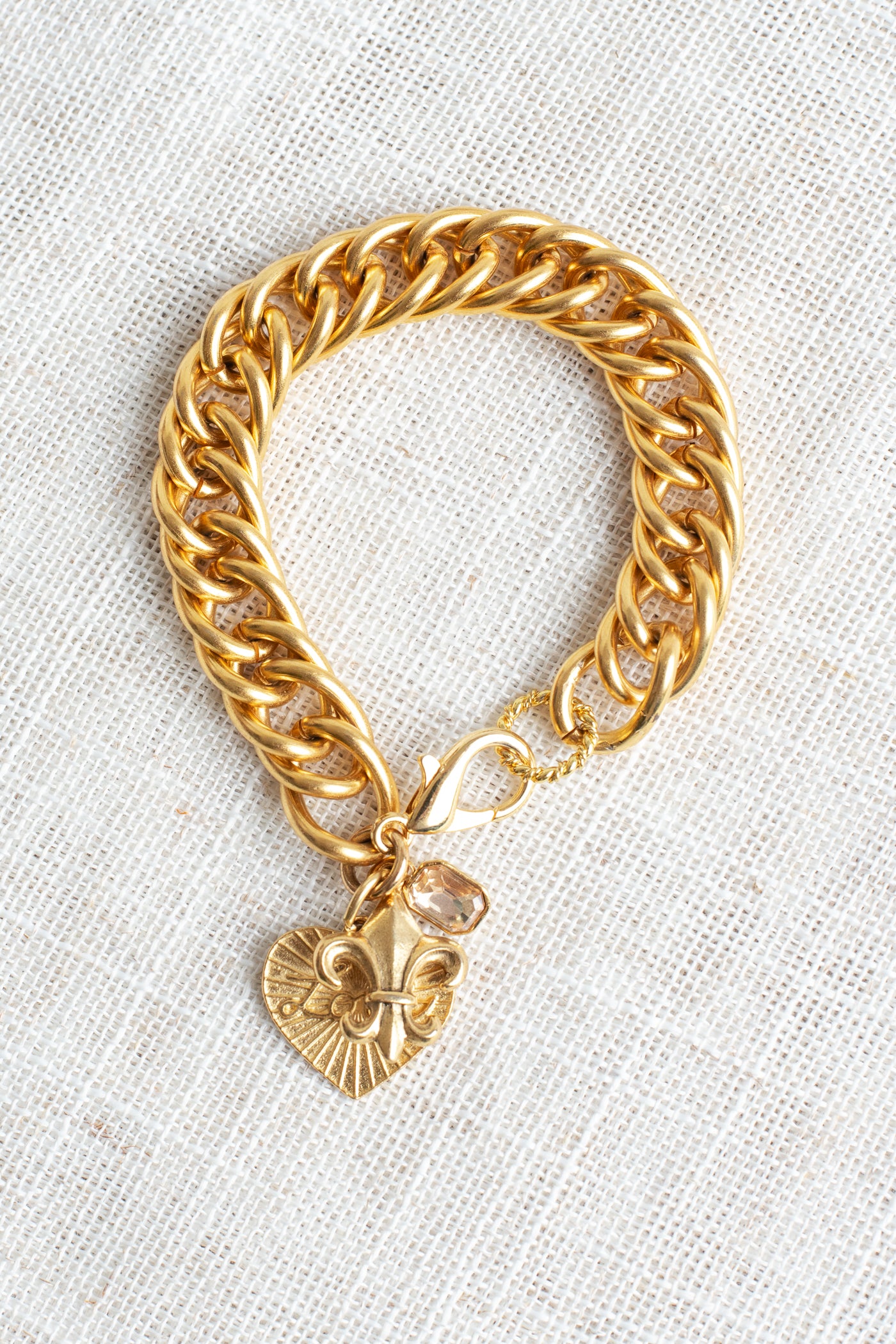 Love Charm, Fleur de Lis and Crystal on Chunky 10K Gold Plated Chain Bracelet