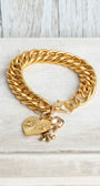 Love Charm, Fleur de Lis and Crystal on Chunky 10K Gold Plated Chain Bracelet