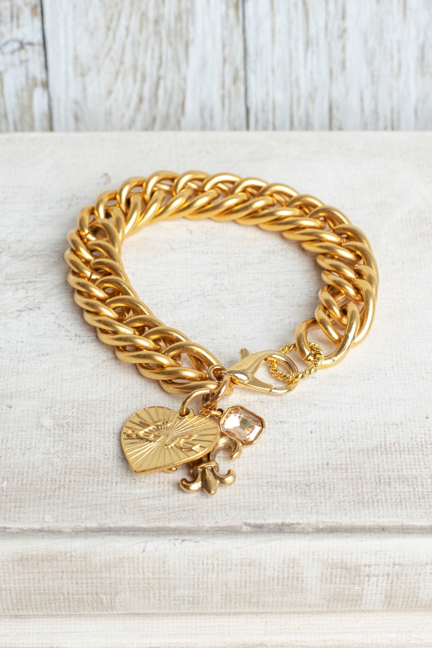 Love Charm, Fleur de Lis and Crystal on Chunky 10K Gold Plated Chain Bracelet