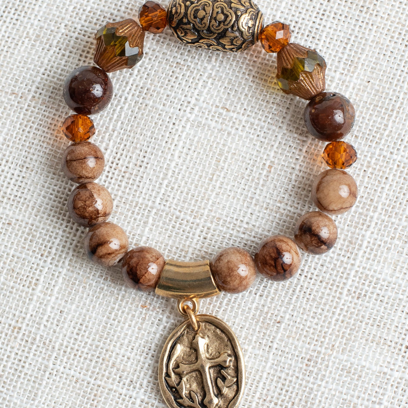 Taupe and Brown Veined Jasper Stone Beaded Stretch Bracelet with Gold Plated Cross Charm