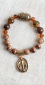 Taupe and Brown Veined Jasper Stone Beaded Stretch Bracelet with Gold Plated Cross Charm
