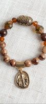 Taupe and Brown Veined Jasper Stone Beaded Stretch Bracelet with Gold Plated Cross Charm
