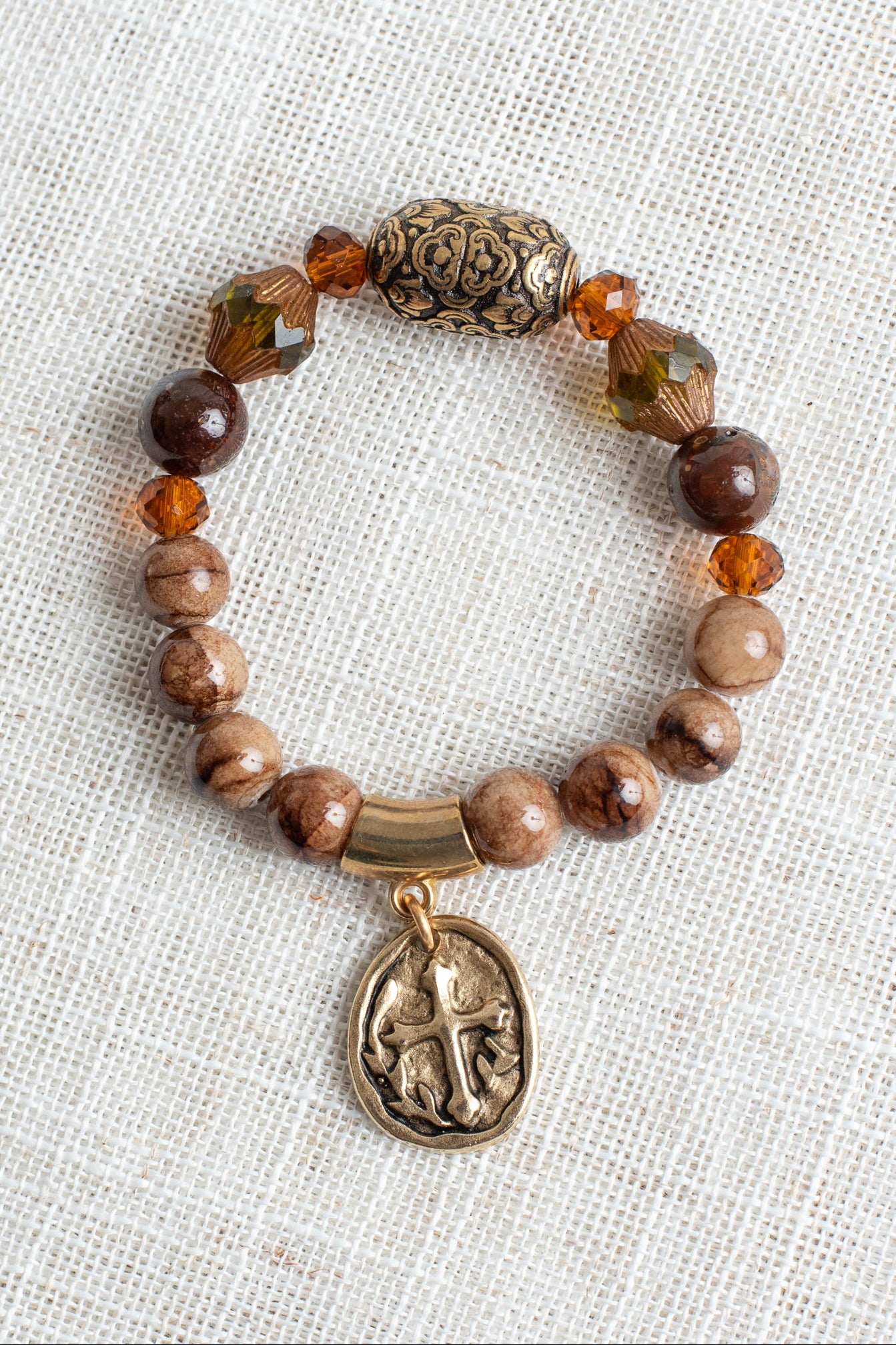 Taupe and Brown Veined Jasper Stone Beaded Stretch Bracelet with Gold Plated Cross Charm