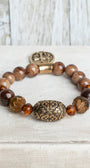 Taupe and Brown Veined Jasper Stone Beaded Stretch Bracelet with Gold Plated Cross Charm