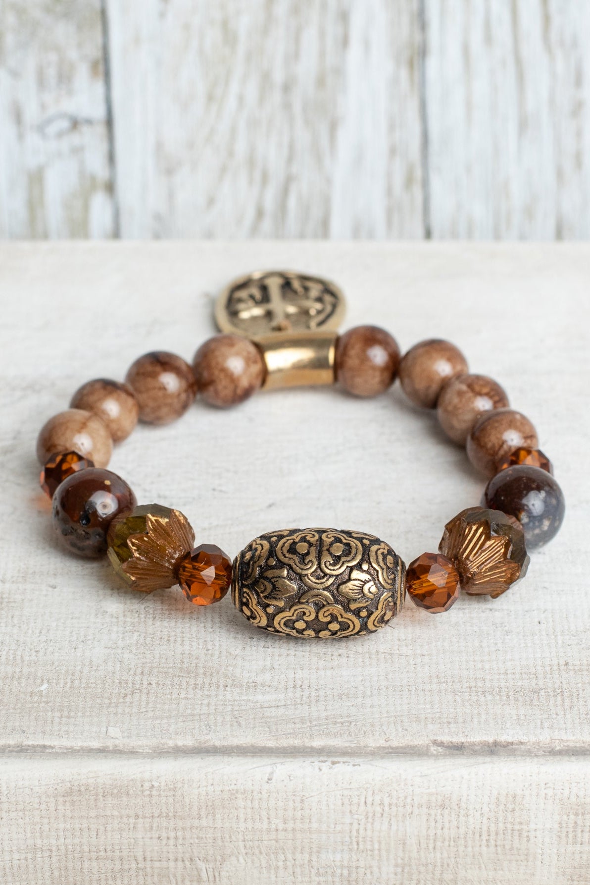 Taupe and Brown Veined Jasper Stone Beaded Stretch Bracelet with Gold Plated Cross Charm