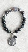 Quartz, Hemitite and Black Silver Swirl Obsidian Stone Stretch Bracelet with Silver Plated Cross Charm and Crystal