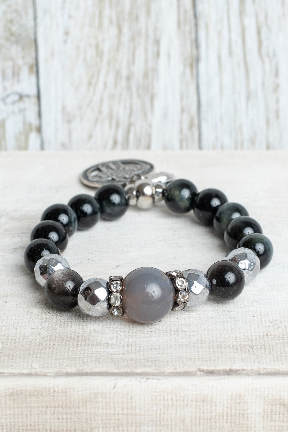 Quartz, Hemitite and Black Silver Swirl Obsidian Stone Stretch Bracelet with Silver Plated Cross Charm and Crystal