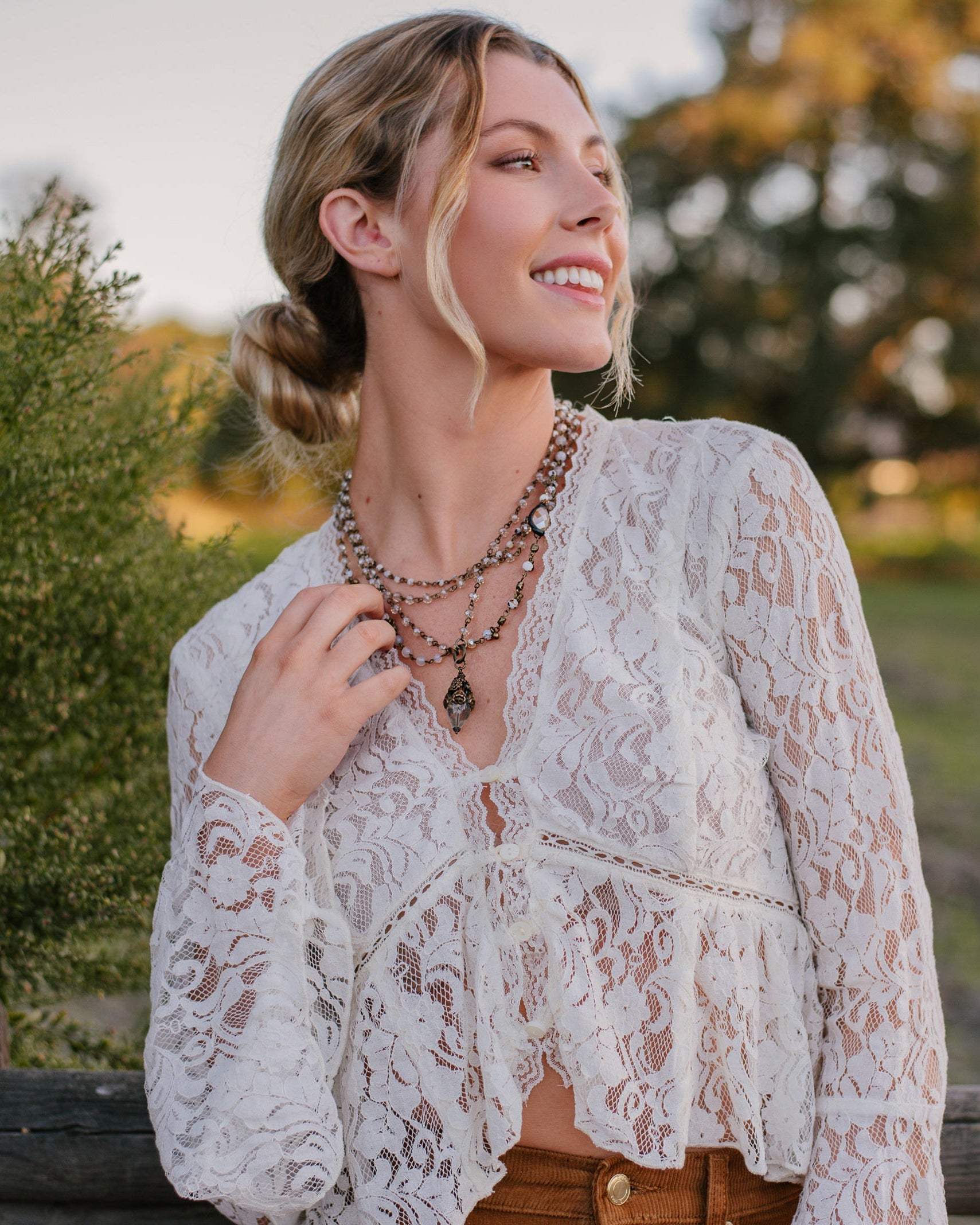 Triple Chain Necklace with Crystal and Stone Beads on Bronzetone Chain