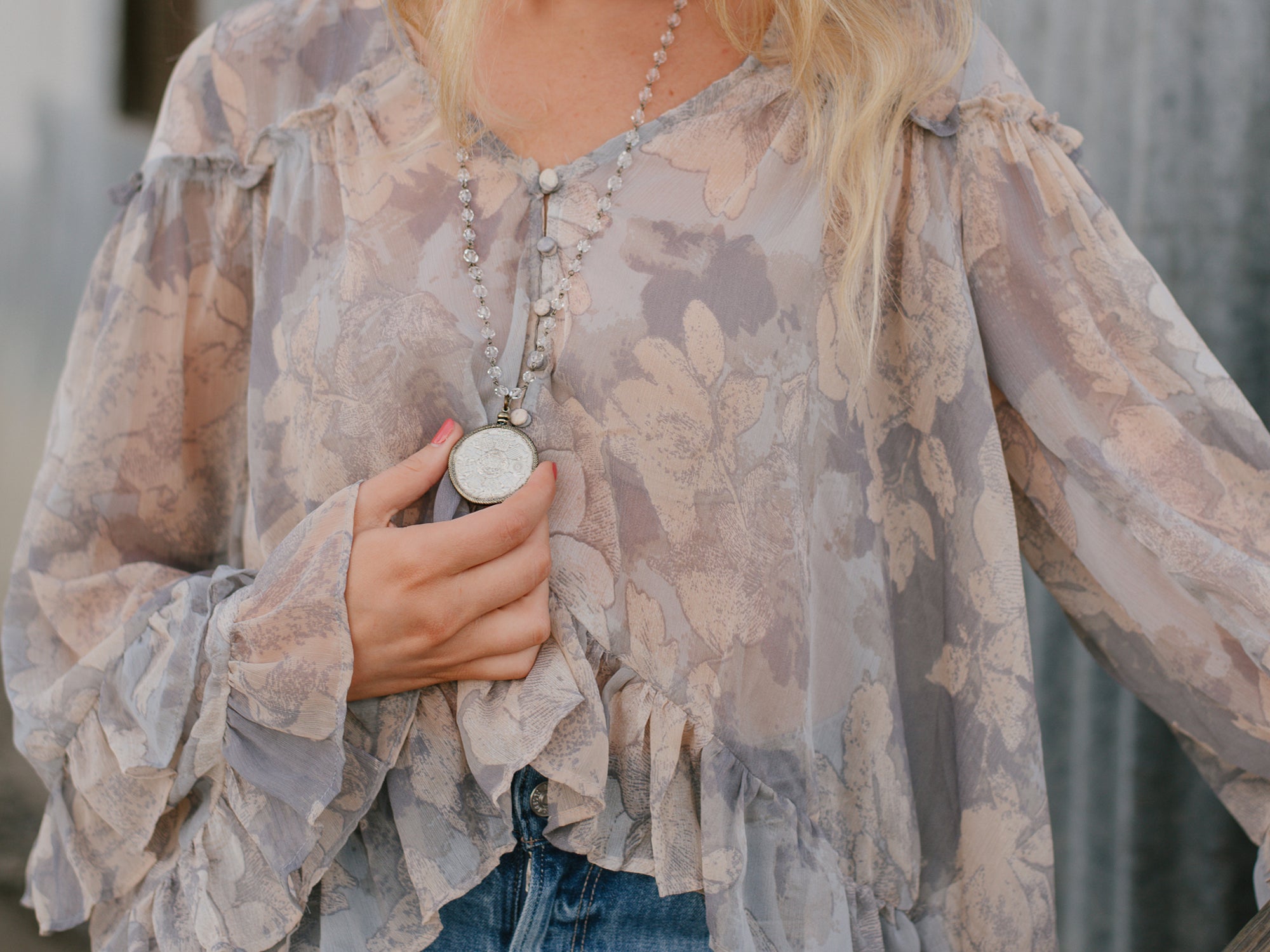 Antique Silver Dollar Coin Replica Bronze Bezel Pendant on a Bronze and Crystal Rosary Chain