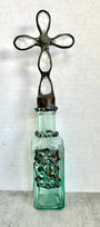 Antique Aqua Medicine Bottle with Hand Soldered Crystal Christian Cross on Top