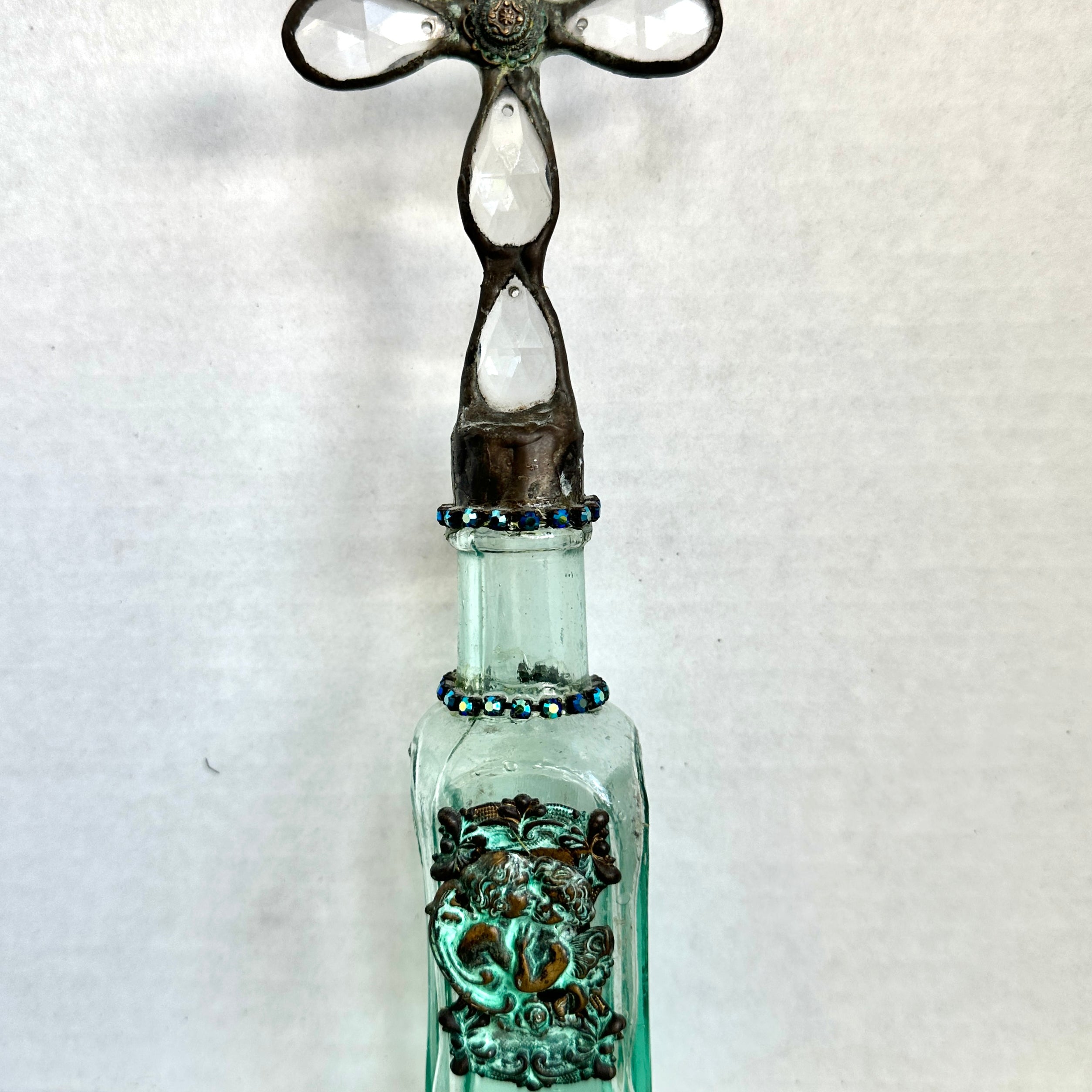 Antique Aqua Medicine Bottle with Hand Soldered Crystal Christian Cross on Top