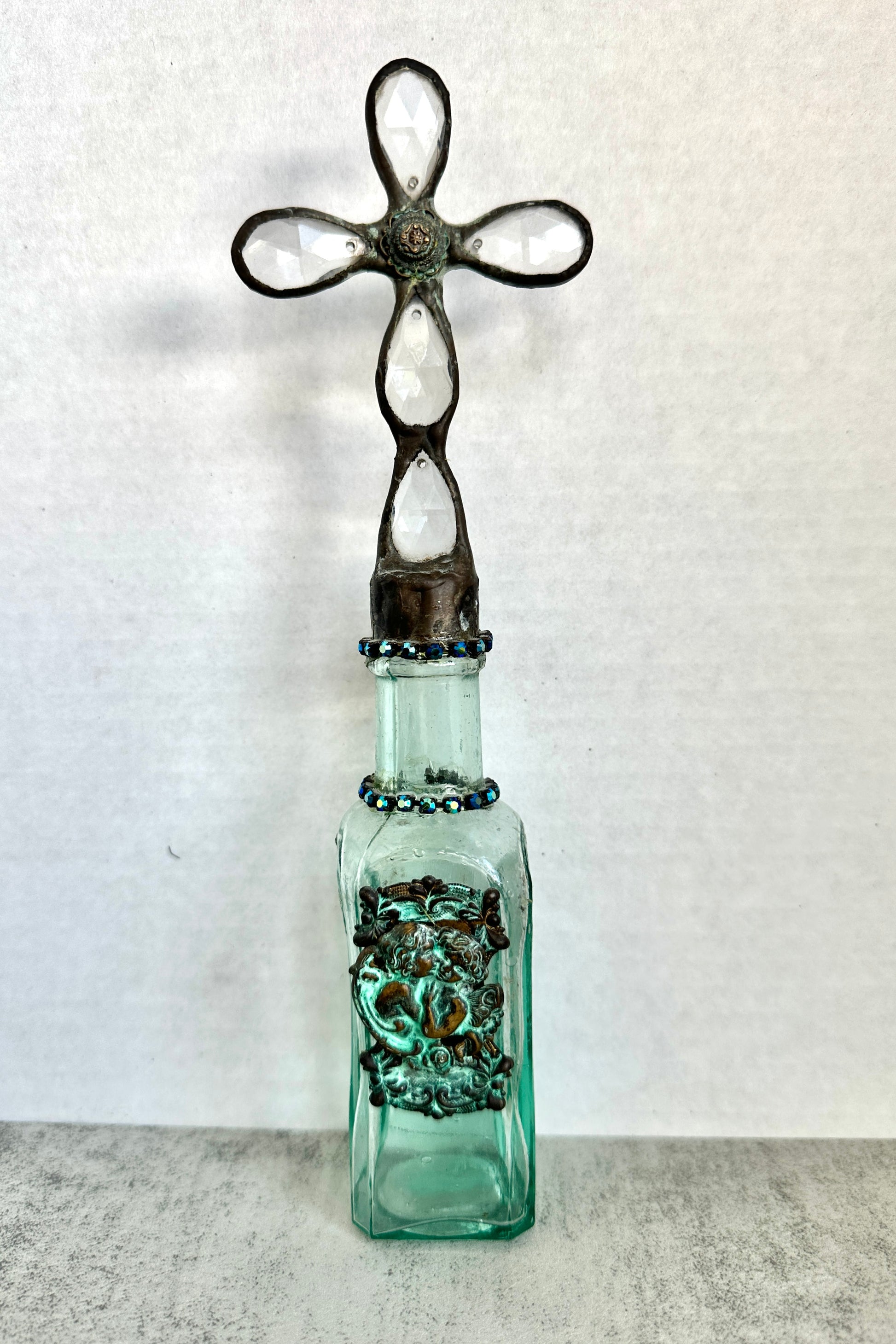 Antique Aqua Medicine Bottle with Hand Soldered Crystal Christian Cross on Top