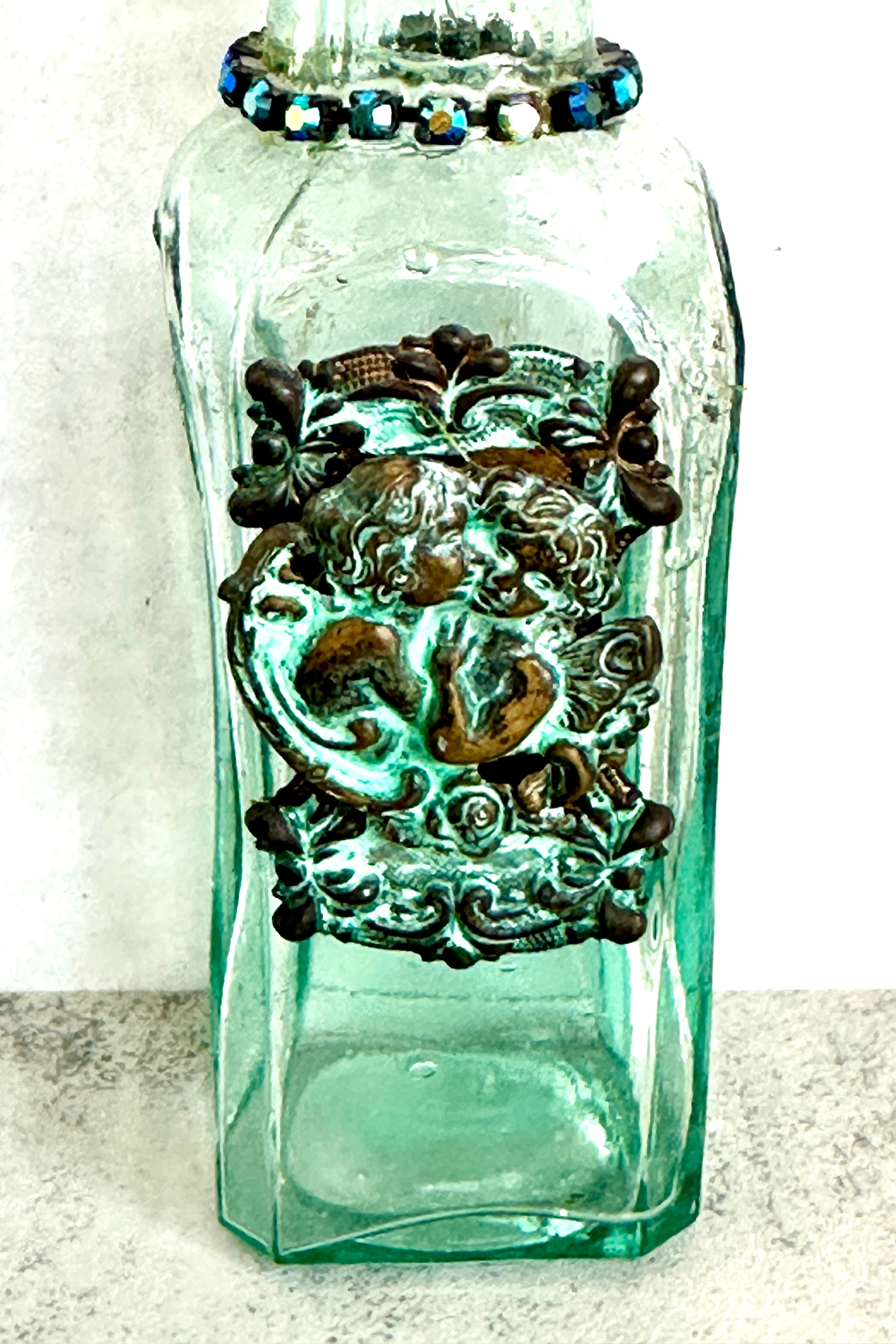 Antique Aqua Medicine Bottle with Hand Soldered Crystal Christian Cross on Top