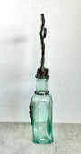 Antique Aqua Medicine Bottle with Hand Soldered Crystal Christian Cross on Top
