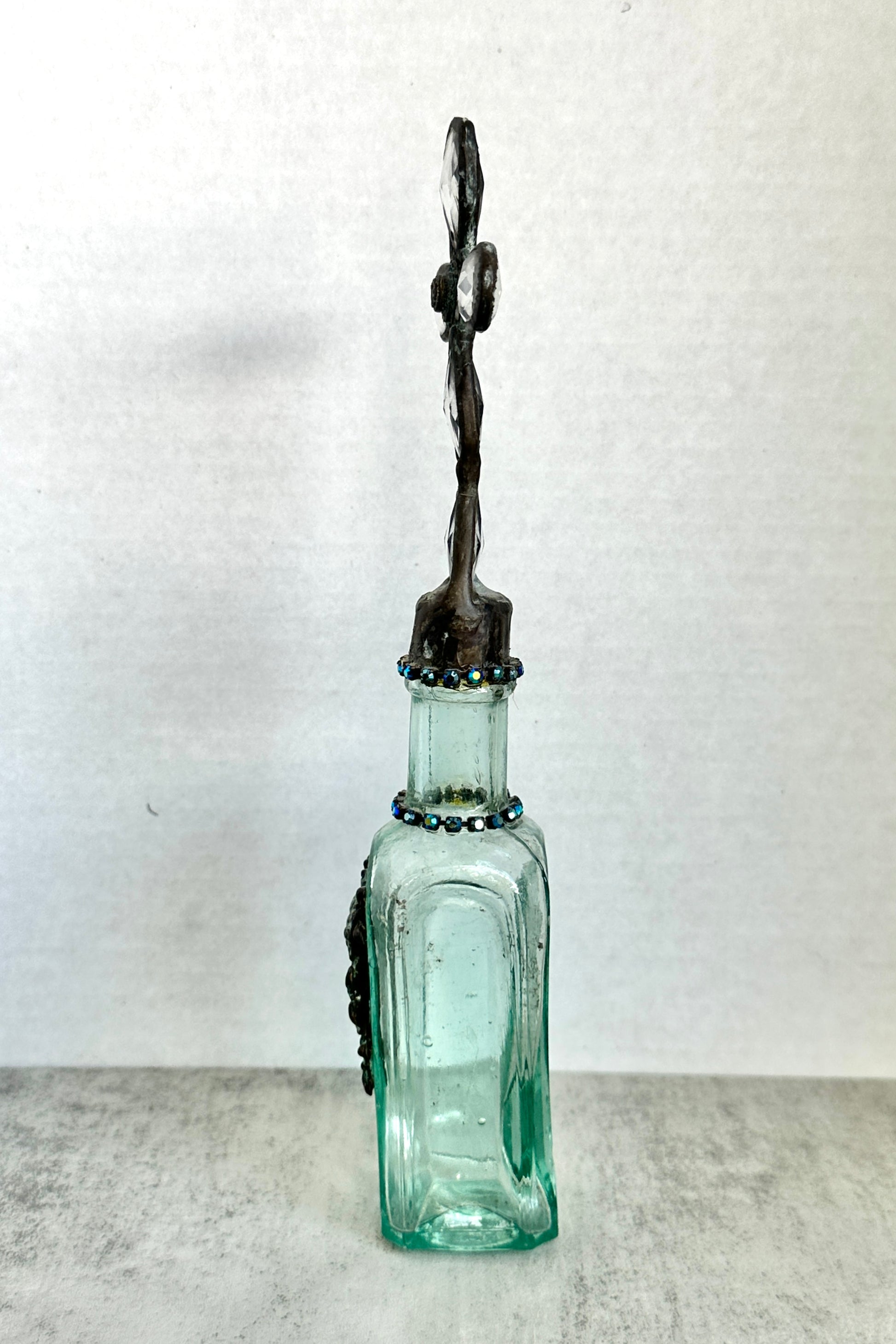 Antique Aqua Medicine Bottle with Hand Soldered Crystal Christian Cross on Top