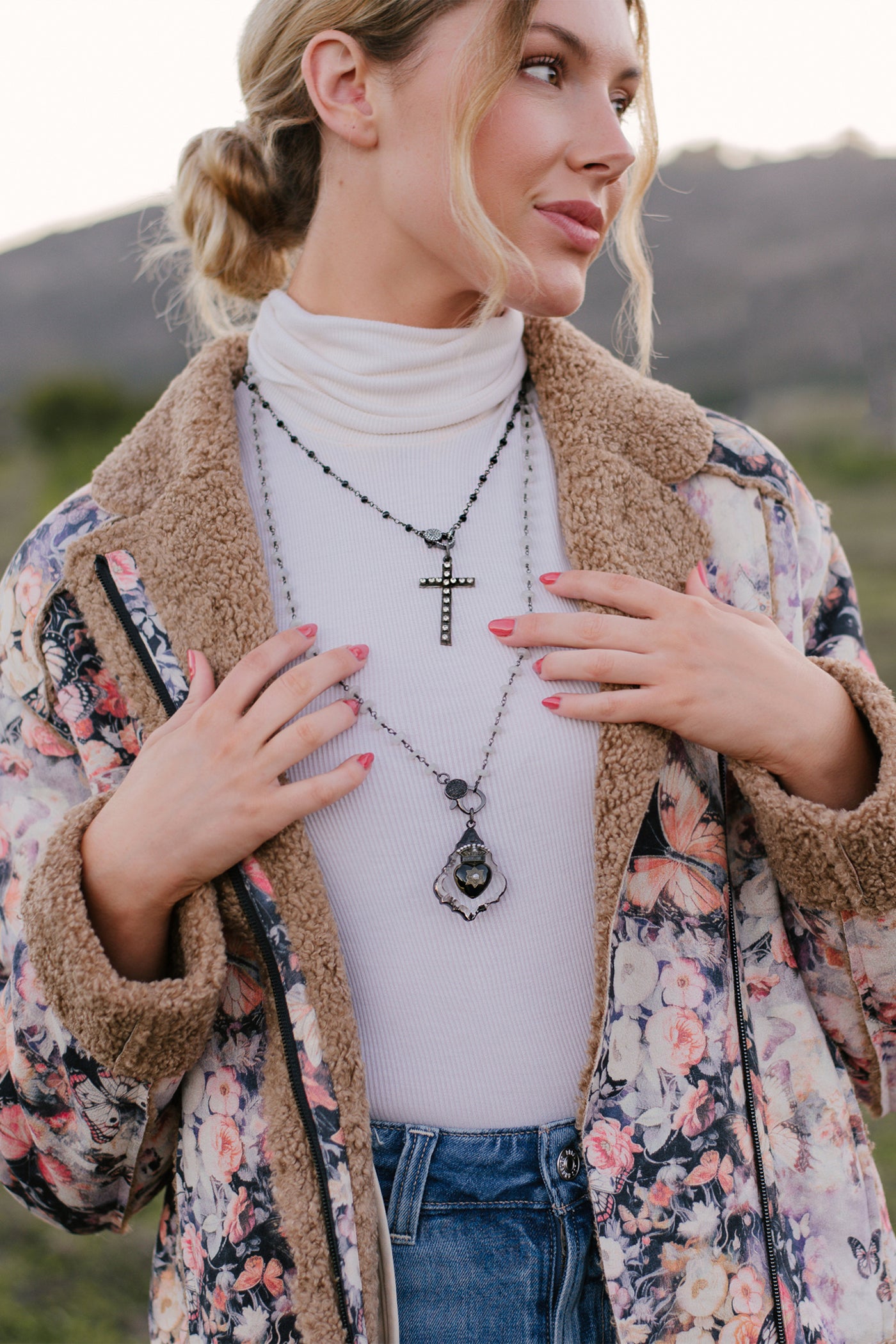 Moonstone Rosary Chain & French-Inspired Heart and Crown Pendant Necklace