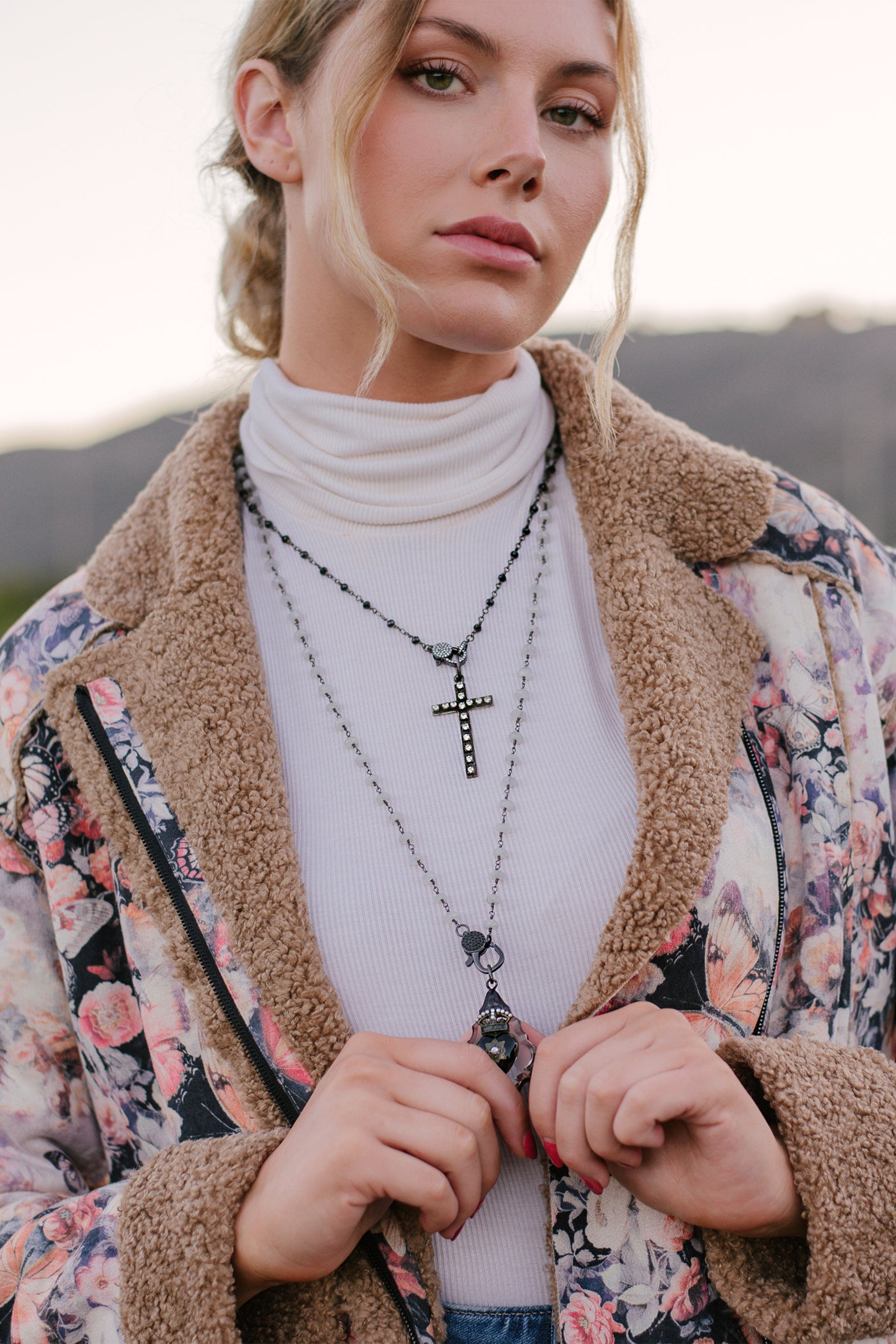 Vintage Style Black Rosary Bead Necklace with Pavé Crystal Clasp and Rhinestone Cross Pendant