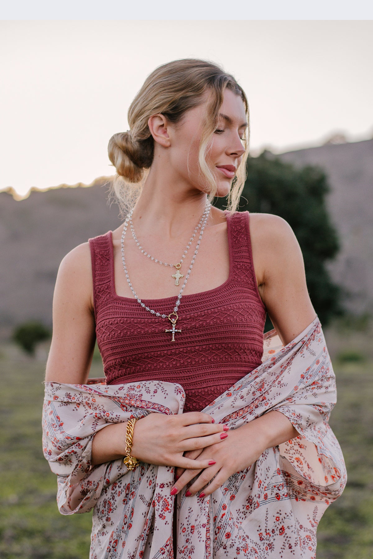 Vintage Style Sterling Silver Pave Cross with Bronze Plating on a Czech Crystal Rosary Chain
