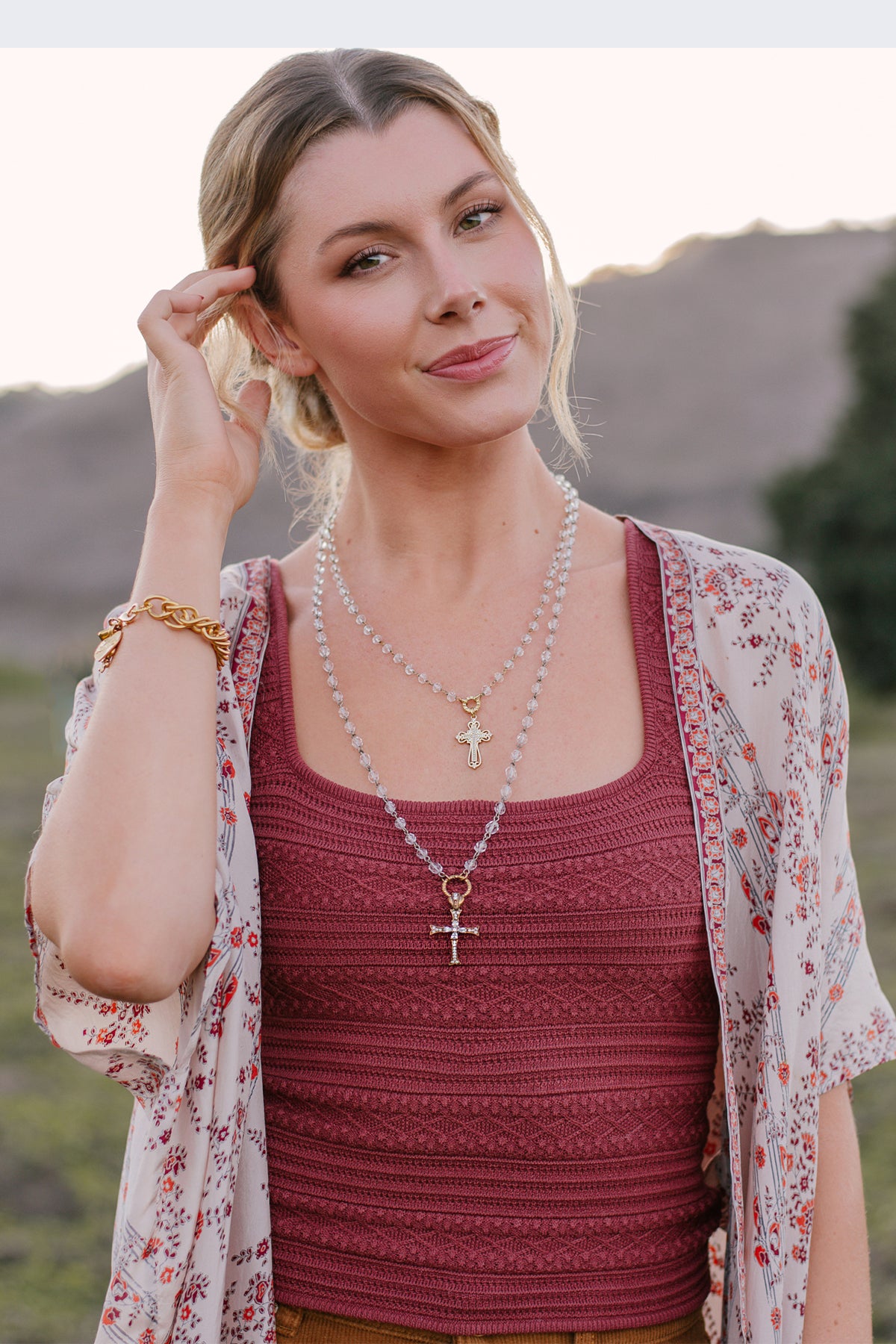 Czech Crystal Rosary Chain & Gold Pavé Crystal Cross Necklace