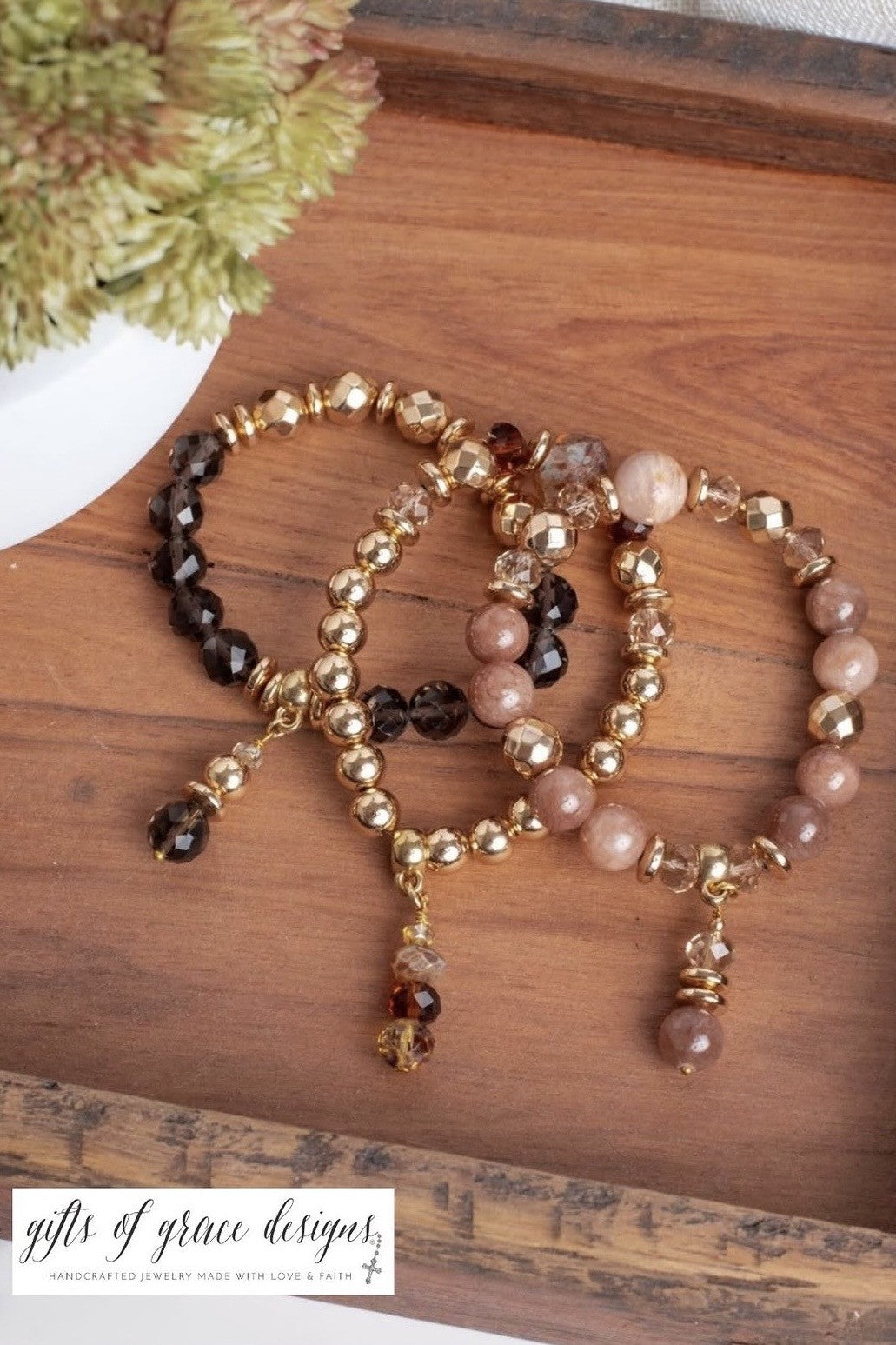 Black Agate, Gold Hematite & Czech Crystal Charm Bracelet