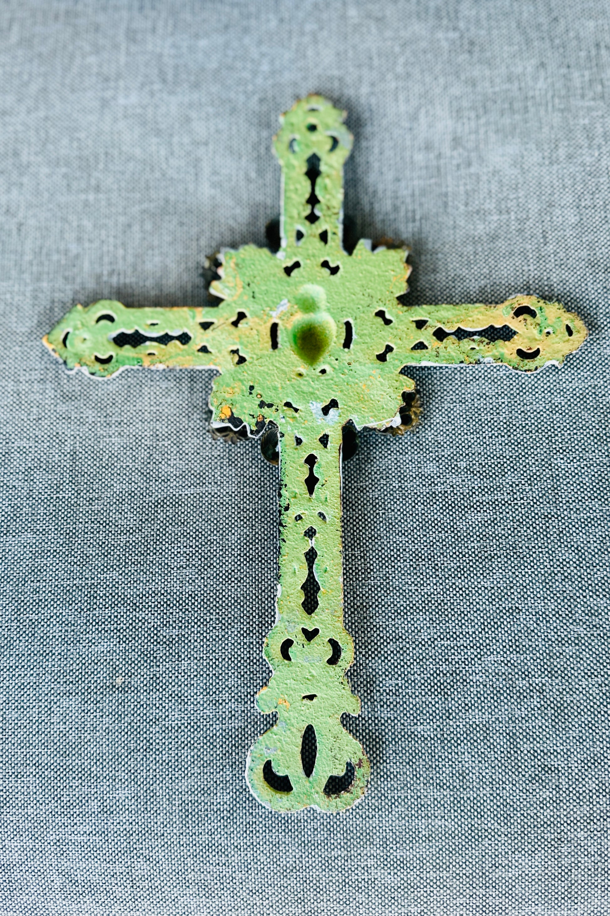 Sacred Heart Iron Chippy Paint Wall Cross with Rhinestone and Filligree Embellishments