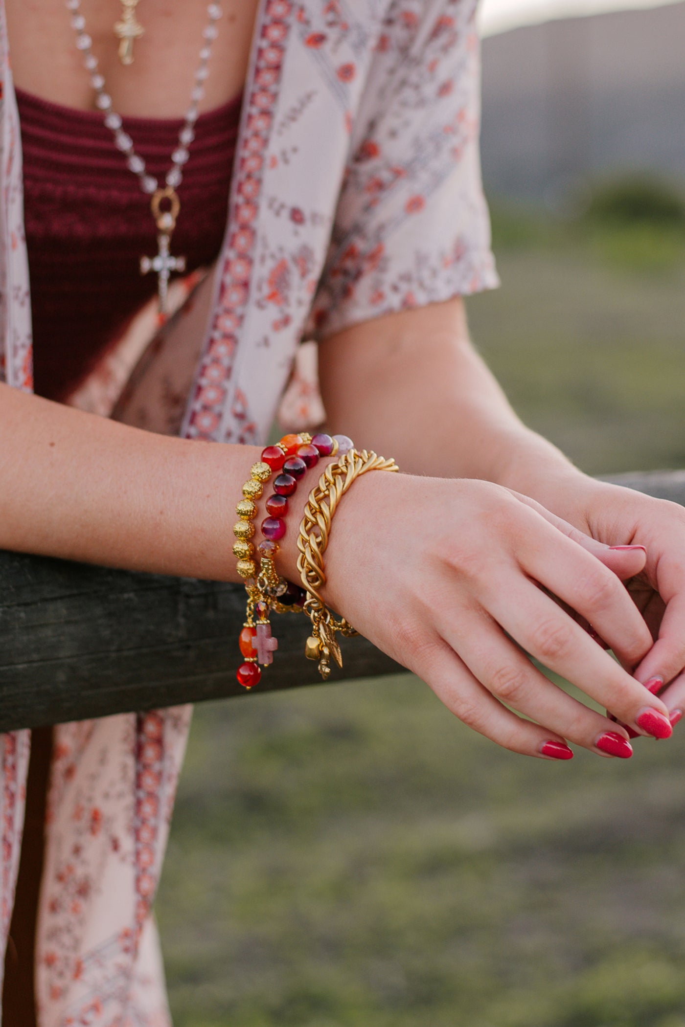 Love, Fleur de Lis, and Crystal Charms on a Chunky 10K Gold Plated Chain Bracelet