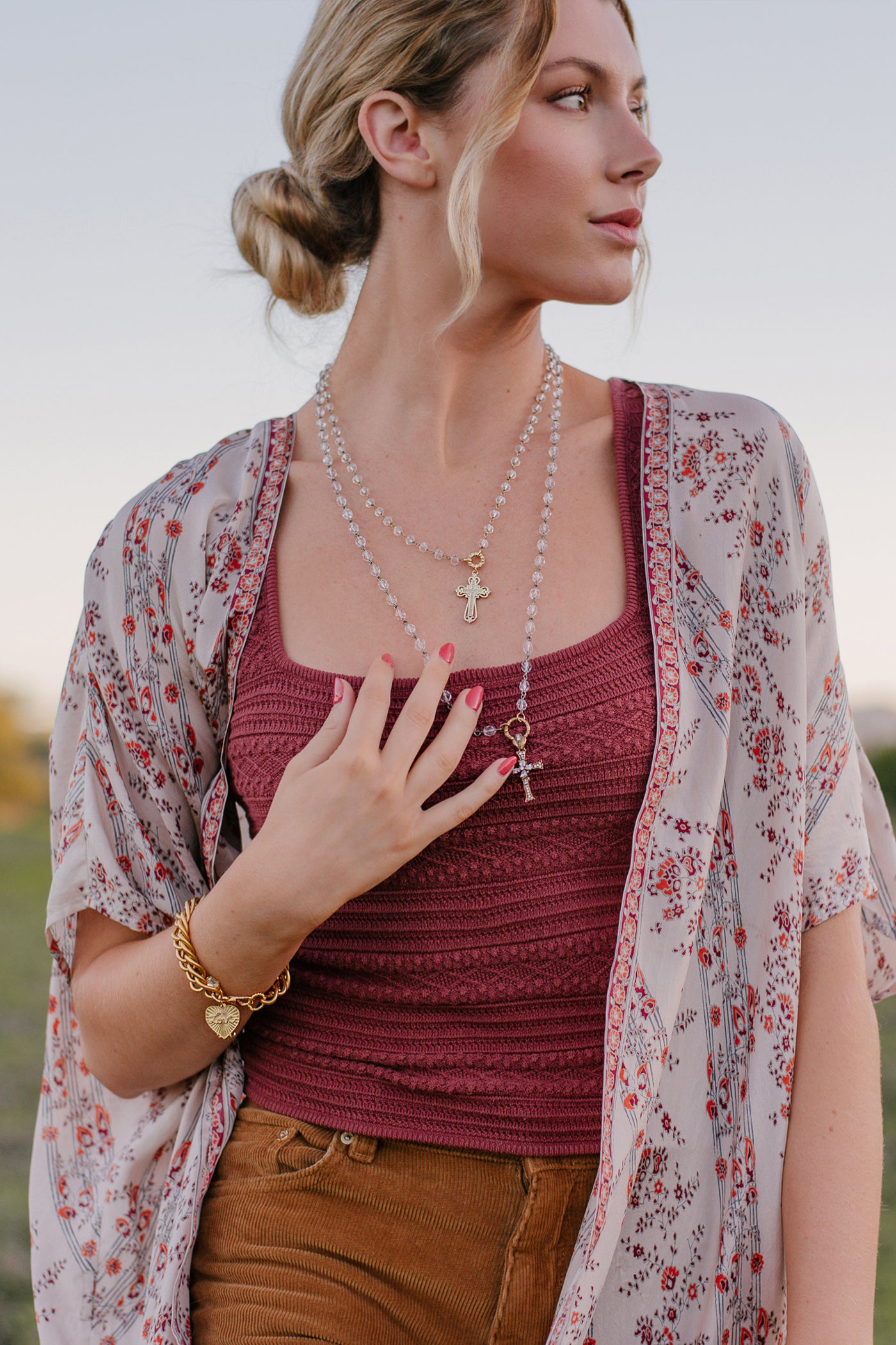 Love, Fleur de Lis, and Crystal Charms on a Chunky 10K Gold Plated Chain Bracelet