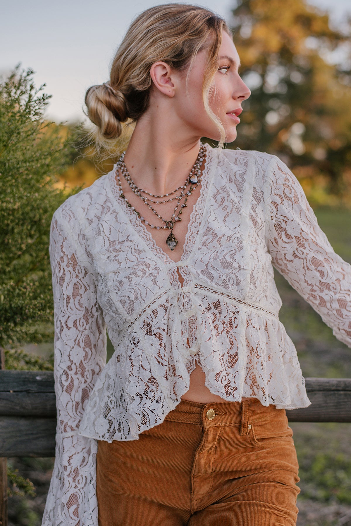 Bronze Vintage Floral and Clear Quartz Pendant on a Light Tan Crystal and Bronze Rosary Chain Necklace