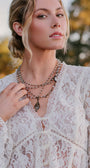 Bronze Vintage Floral and Clear Quartz Pendant on a Light Tan Crystal and Bronze Rosary Chain Necklace