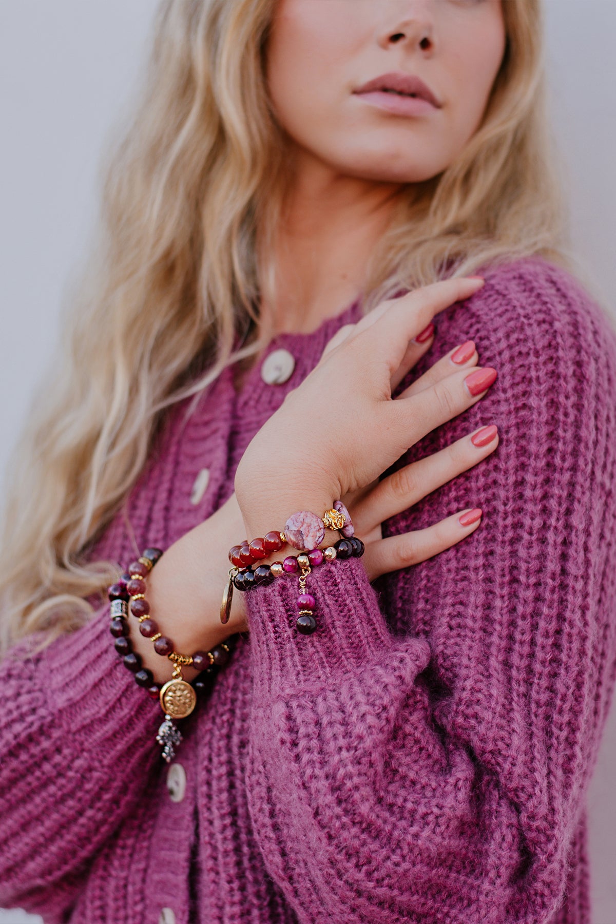 Magenta Tiger's Eye Jasper and Garnet Stone Beads with Gold Plated Elements on a Stretch Bracelet with Matching Beaded Charm