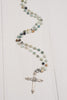 Matte Silver Etched Boho Cross Pendant on Gem Amazonite Sterling Silver Rosary Chain Long Necklace