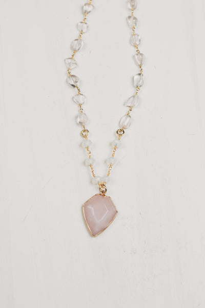 Large Rose Quartz Free Form Gemstone Necklace with Arrow Shaped Rose Quartz Pendant