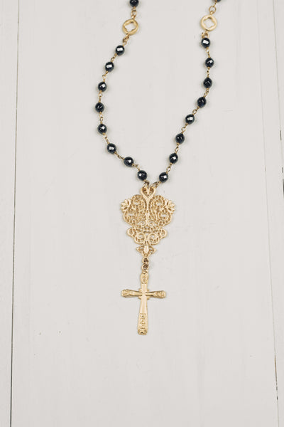 Matte Gold Filigree & Cross Pendant on Hematite Rosary Bead Chain