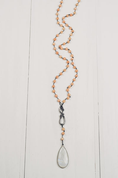 Moonstone Pendant on Peach Agate Rosary Chain Necklace