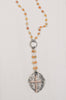 Pavé Cross Layered Pendant on Orange Agate & Silver Rosary Chain