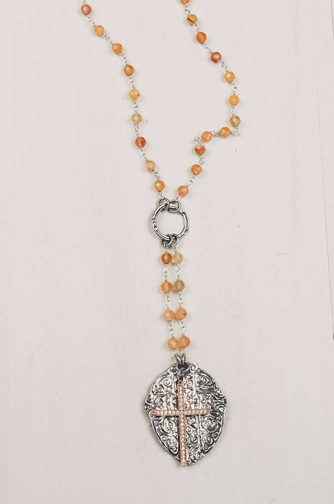 Pavé Cross Layered Pendant on Orange Agate & Silver Rosary Chain