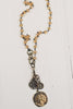 Bronze Coin Pendant and Charms on Peach Opaline Crystal Rosary Chain Necklace
