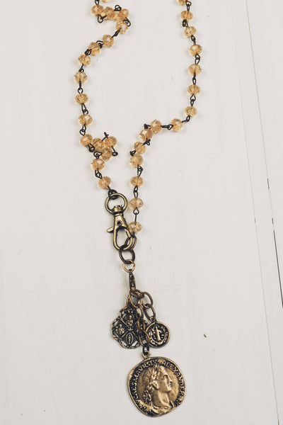 Bronze Coin Pendant and Charms on Peach Opaline Crystal Rosary Chain Necklace