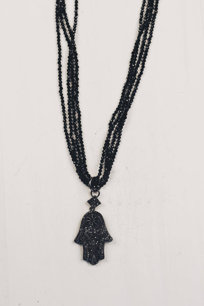 Black Pave Crystal Hamsa Pendant on Black Agate Multi-Strand Necklace