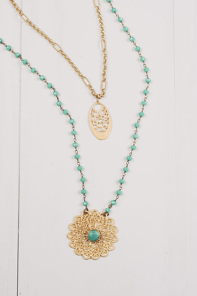 Matte Gold Pendant Double Layer Necklace on Turquoise Crystal Beads