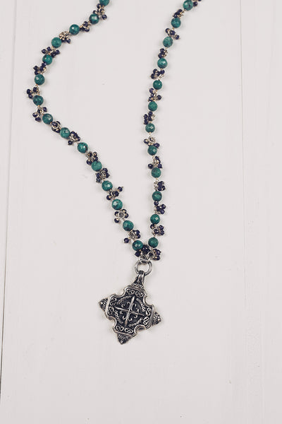 Sterling Silver Maltese Cross Pendant with Turquoise and Amethyst Beads