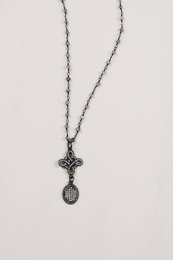 Pave Crystal Drop Necklace on Delicate Labradorite Rosary Beads