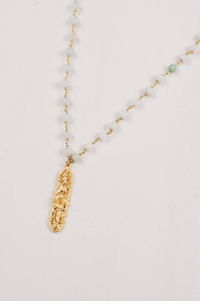 Gold Drop Pendant on Amazonite Rosary Beads