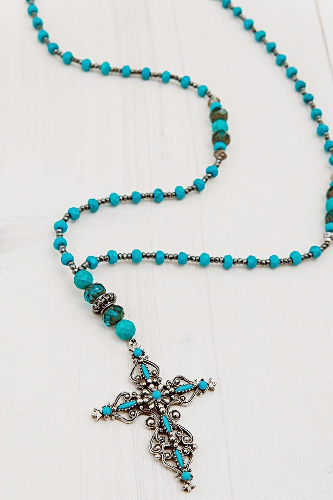Roma Vintage Turquoise Cross on Turquoise, Hematite and Czech Bead Necklace