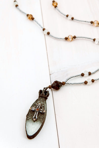 Crystal Hand Soldered Custom Pendant with Cross, Crown and Czech Bead Necklace